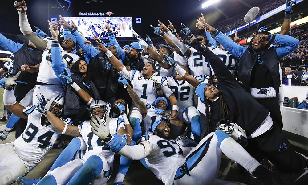 Jan 24, 2016; Charlotte, NC, USA; Carolina Panthers team members pose for a photo during the fourth quarter against the Arizona Cardinals in the NFC Championship football game at Bank of America Stadium. Mandatory Credit: Jason Getz-USA TODAY Sports